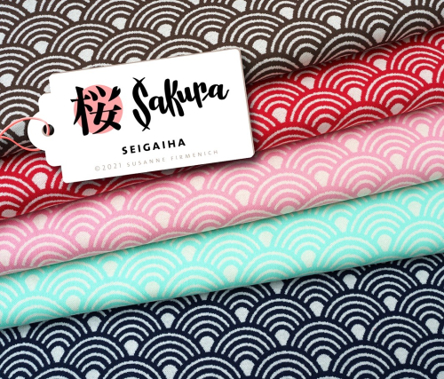 Preview: RESTSTÜCK 1,90m !!! - Bio Jacquard - Seigaiha - Col.04 - meringa/verdino - Sakura - Hamburger Liebe