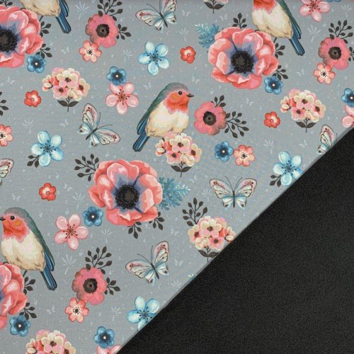 Preview: RESTSTÜCK 0,50m !!! - Softshell - Birds & Flowers - blaugrau