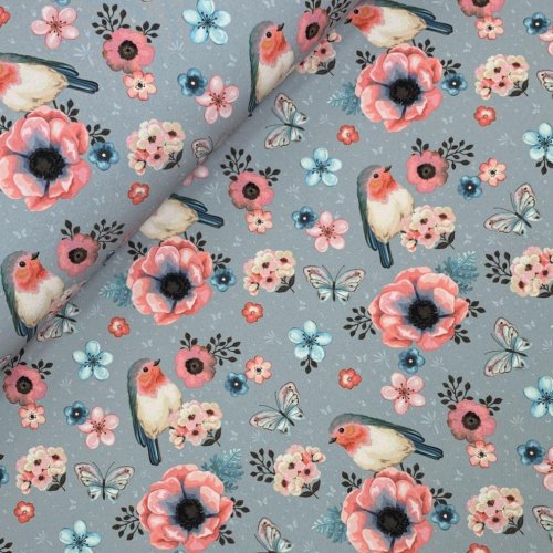 Preview: RESTSTÜCK 0,50m !!! - Softshell - Birds & Flowers - blaugrau
