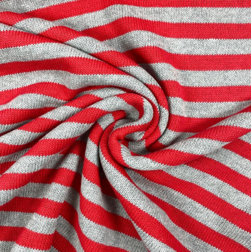 Strickstoff - Streifen - Baumwolle - rot/grau