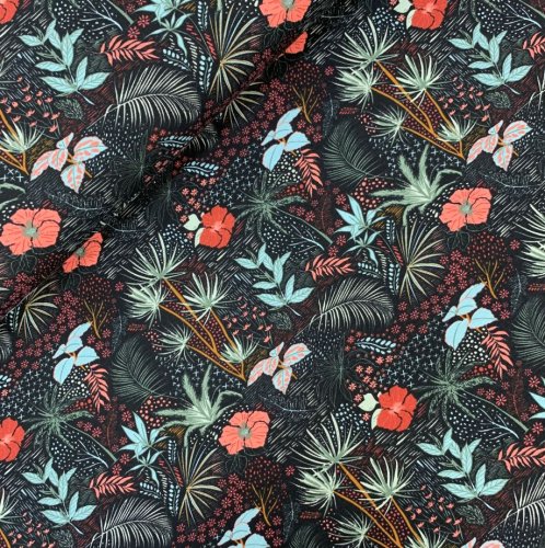 Baumwolljersey - Tropical Flowers - green/dusty pink
