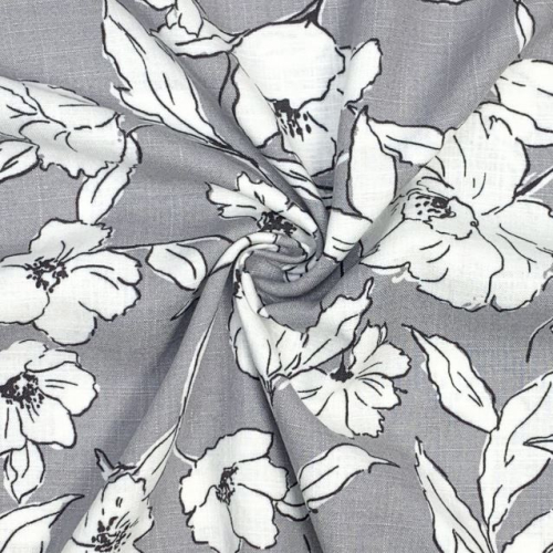 Preview: RESTSTÜCK 1,50m !!! - Viskose Leinen - White Flowers - grey