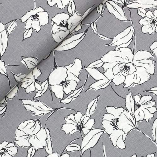 Preview: RESTSTÜCK 1,50m !!! - Viskose Leinen - White Flowers - grey