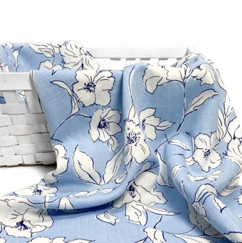 Viskose Leinen - White Flowers - light blue