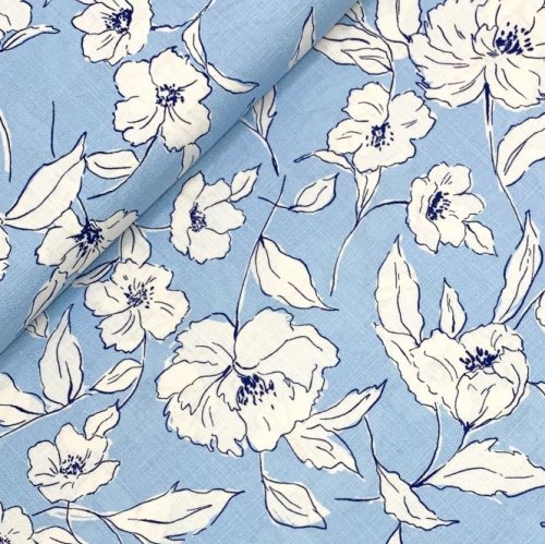 Preview: Viskose Leinen - White Flowers - light blue