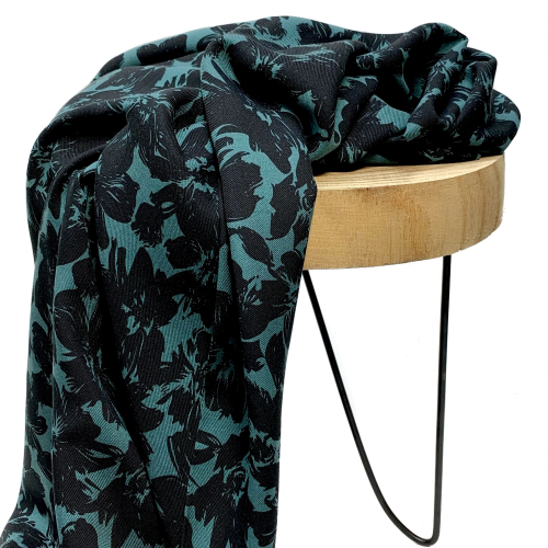 RESTSTÜCK 1,60m !!! - Viskose Twill - Black Flowers Morticia - petrol