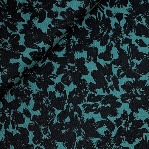 Viskose Twill - Black Flowers Morticia - petrol