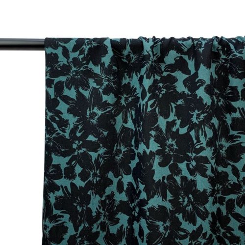 Viskose Twill - Black Flowers Morticia - petrol