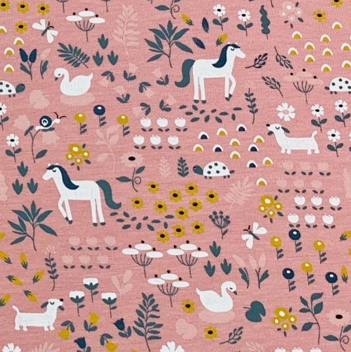 Preview: RESTSTÜCK 0,40m !!! - Bio Jersey - Tierwiese - rosa