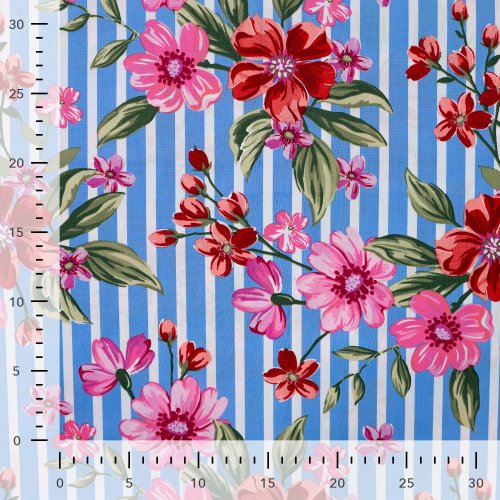 Preview: Baumwoll Stretch - Stripe and Flowers - hellblau/ecru/pink