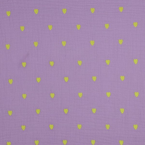 Musselin - Cuore - bestickt - flieder/neon gelb