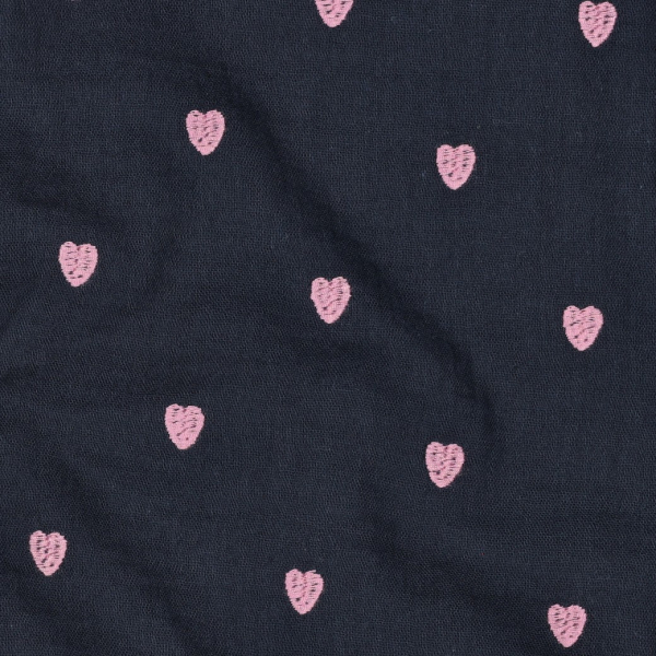 Musselin - Cuore - bestickt - navy/rose