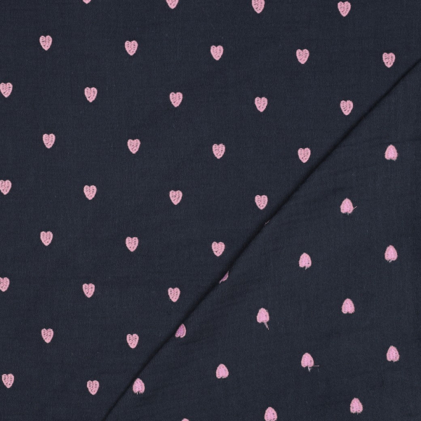 Musselin - Cuore - bestickt - navy/rose