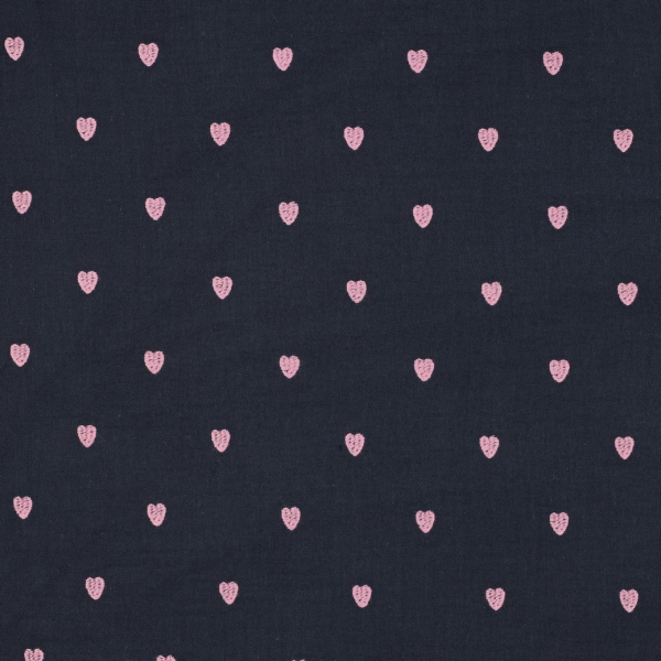 Musselin - Cuore - bestickt - navy/rose