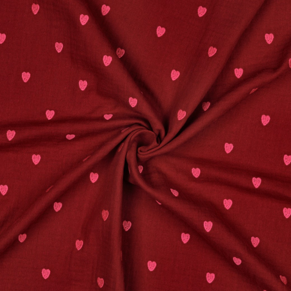 Musselin - Cuore - bestickt - dunkelrot/pink