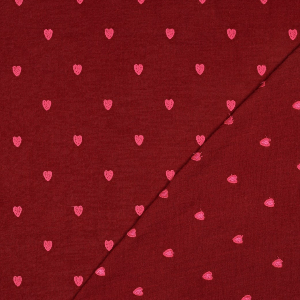 Musselin - Cuore - bestickt - dunkelrot/pink
