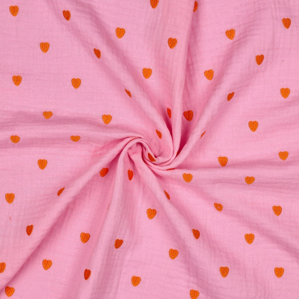 Musselin - Cuore - bestickt - rosa/orange