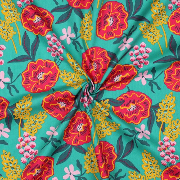 RESTSTÜCK 1,20m !!! - Feine Baumwoll Popeline - Fresh Flowers - green red - Nerida Hansen