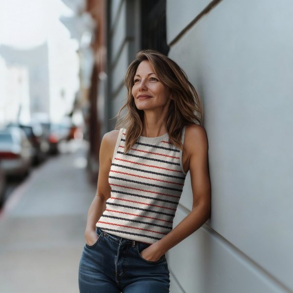 Sommerstrick - Selene Streifen - ecru/marine/rost