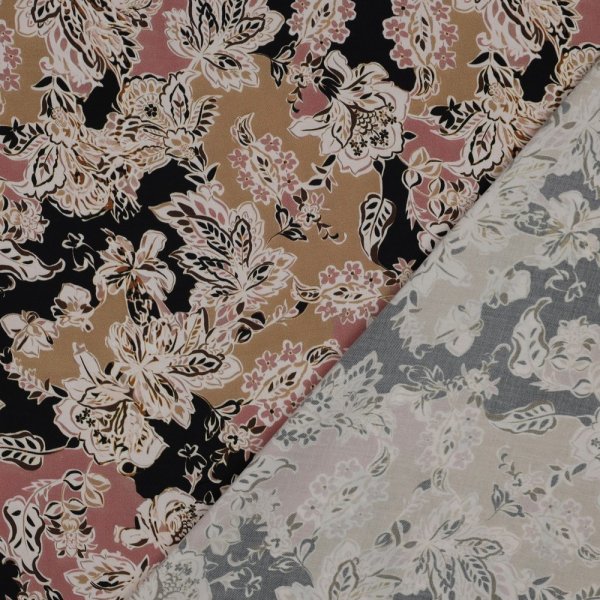 Viskosesatin - Ranya Flowers - beige/altrosa/schwarz
