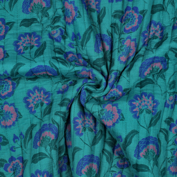 Doubleface Musselinstepper - Cinzia Flower - petrol