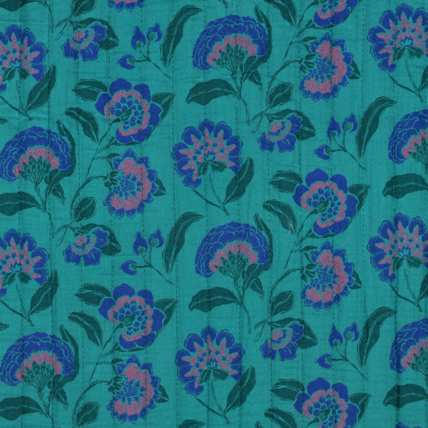 Doubleface Musselinstepper - Cinzia Flower - petrol