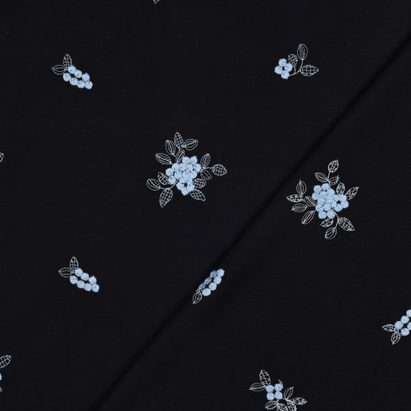 Baumwolle - bestickt - Charlott Blumen - dunkelblau/hellblau