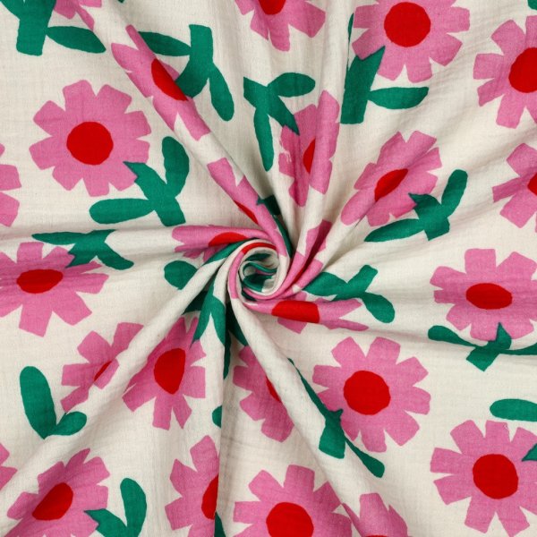 Bio Musselin - Flowers - rosa/ecru/grün - by Jennifer Bouron