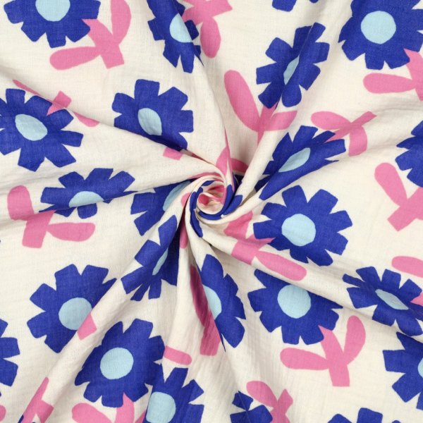 Bio Musselin - Flowers - blau/ecru/rosa - by Jennifer Bouron