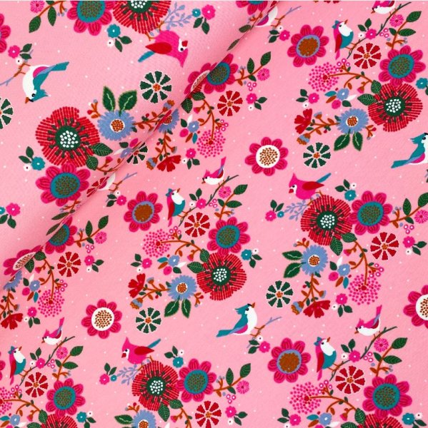 French Terry - Birds and Flowers - rosa