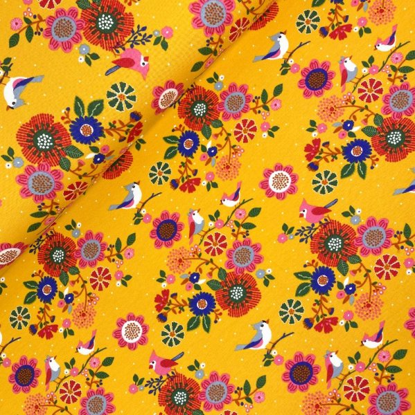 French Terry - Birds and Flowers - ocker