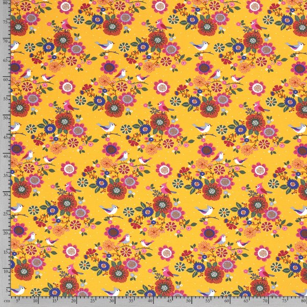 French Terry - Birds and Flowers - ocker