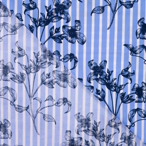 Baumwoll Stretch - Botanic Lines - light blue/offwhite/navy
