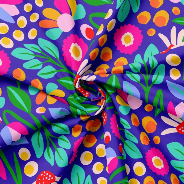 Baumwoll Popeline - Daisy Flower - blau/grün/pink - by Karina + Kind