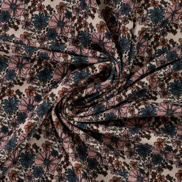 Rib Jersey - Topsy Flowers - sand/petrol/rose