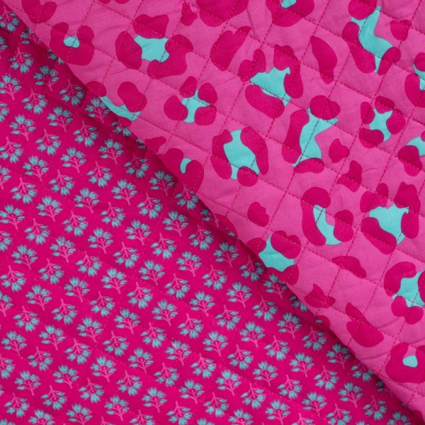 Doubleface Baumwoll Stepper - Leo Blumen - pink/türkis