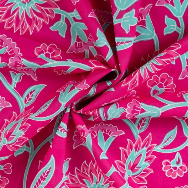 Baumwoll Voile - Annabella Flowers - fuchsia/türkis