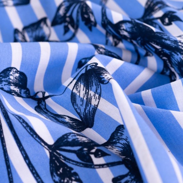 Baumwoll Stretch - Botanic Lines - light blue/offwhite/navy