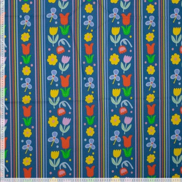 Baumwoll Popeline - Flower and Stripe - blau/gelb/orangerot - by Karina + Kind