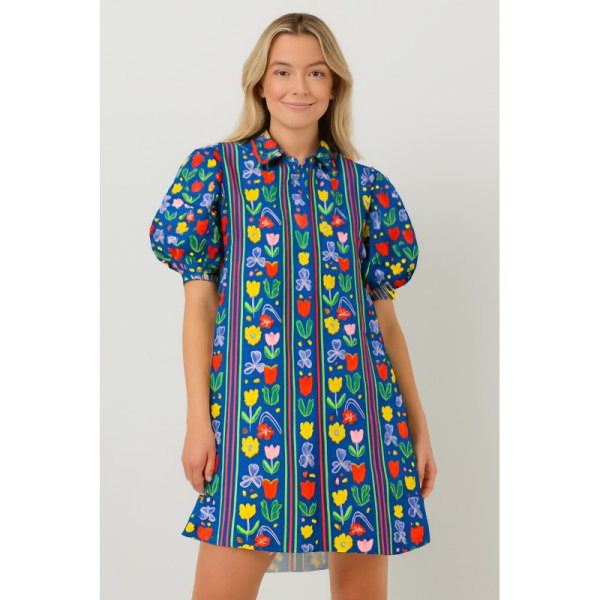 Baumwoll Popeline - Flower and Stripe - blau/gelb/orangerot - by Karina + Kind