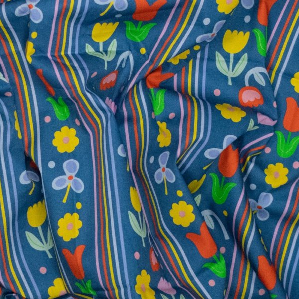 Baumwoll Popeline - Flower and Stripe - blau/gelb/orangerot - by Karina + Kind