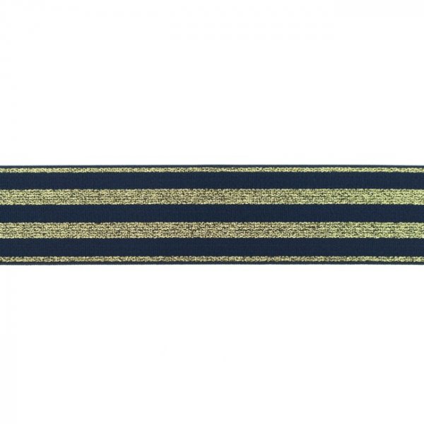 Gummiband - Streifen - Lurex gold - dunkelblau - 4cm