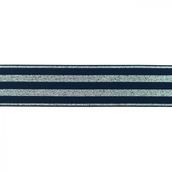 Gummiband - Streifen - Lurex silber - dunkelblau - 4cm