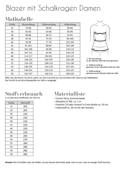 Papierschnittmuster - Blazer mit Schalkragen - Damen - Fadenkäfer