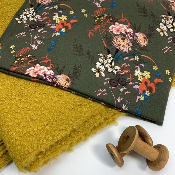 RESTSTÜCK 1,30m !!! - Viskosejersey - Japanese Flowers - khaki