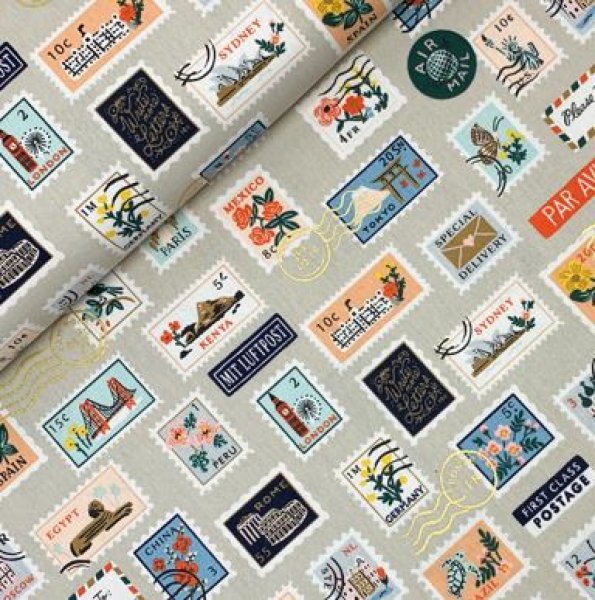 Canvas - Bon Voyage - Postage Stamps - natural - metallic - by Rifle Paper Co.