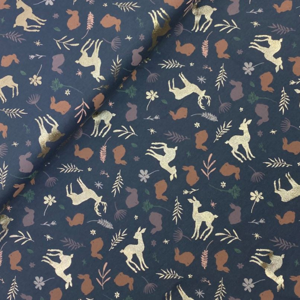 RESTSTÜCK 0,40m !!! - Jersey - Forest Animals - graublau/gold metallic