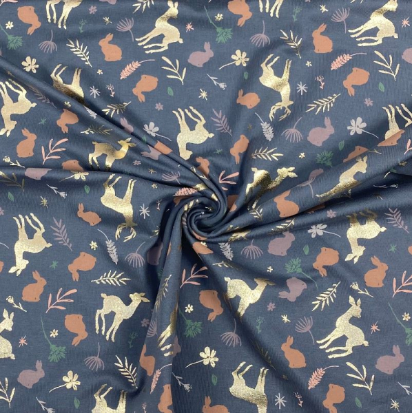 RESTSTÜCK 0,40m !!! - Jersey - Forest Animals - graublau/gold metallic