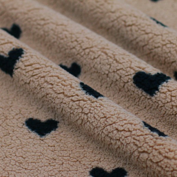 Plüschstoff - Herzchen - beige/schwarz