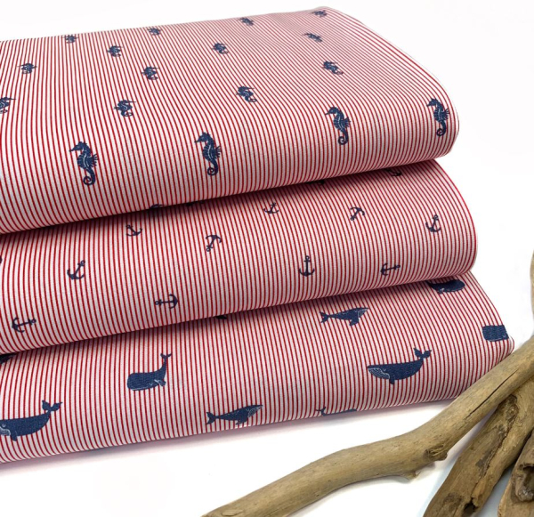 RESTSTÜCK 1,50m !!! - Baumwoll Popeline - Sea Horse Stripes - red